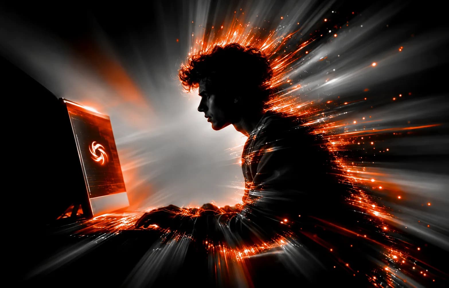 A trader at a laptop in a burst of ember light