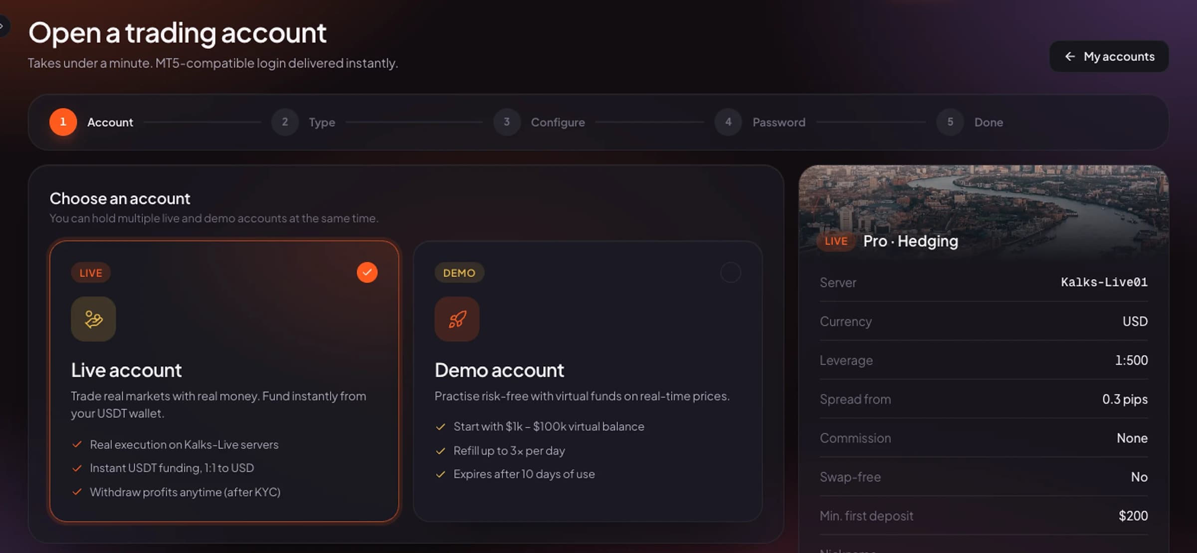 Opening a trading account in the Ezymex Client Area: live or demo, with the account’s terms on the right