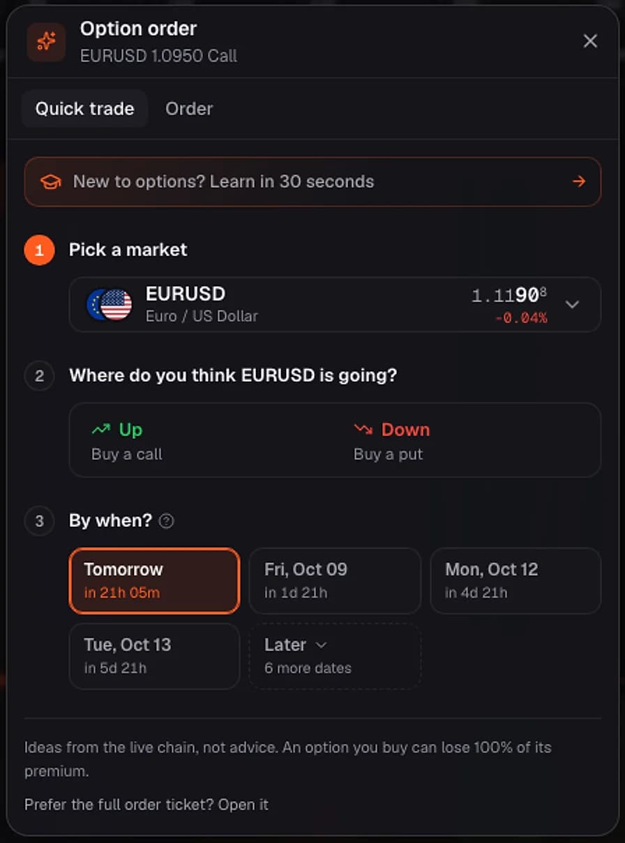 Quick trade ticket: pick a market, then choose up or down, then when